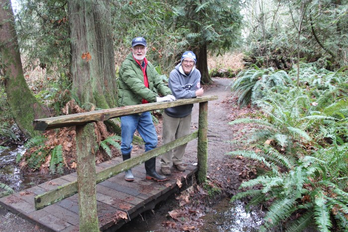 Sechelt Rotarians, Tom Pinfold (right) and Mick van Zandt on the trails of Kinnikinnick.