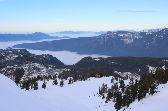 Mount Steele cabin, as seen from the top of Mount Steele.