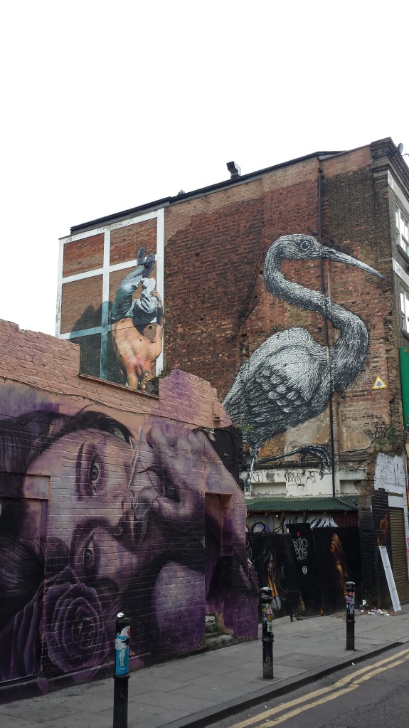 Street art pervades Brick Lane and adjoining streets like Hanbury Street, where the giant crane by Belgian artist ROA is hard to miss. Community uproar dissuaded Tower Hamlets council from covering it with a banner before the 2012 Olympics. 