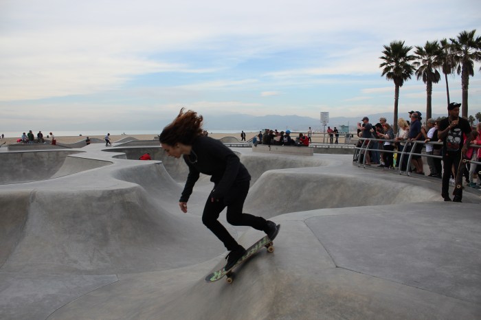 Big hair at the skate park in Venice Beach.
