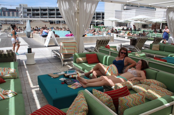 Up on the roof of the Downtown Grand in a cabana by the infinity pool. Like bosses.