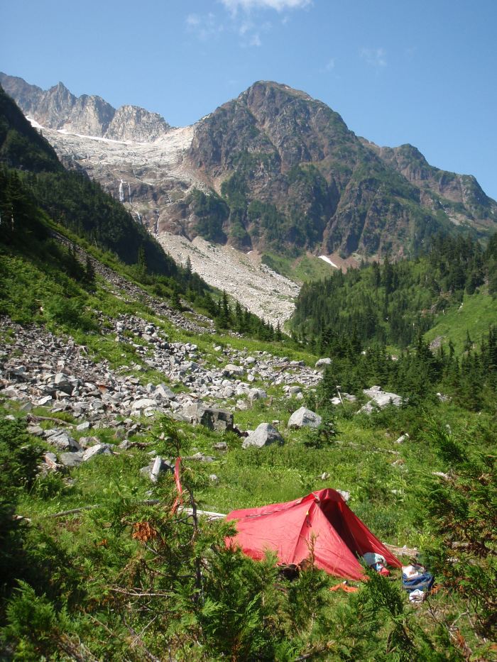 Geoff Breckner’s tent at the south side of Pokosha Pass, near Mount Jimmy Jimmy.