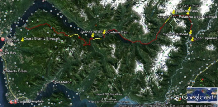 Yellow sections on this Google Earth map indicate about 10 kilometres of work needed to complete a trail connecting Sechelt with Squamish.